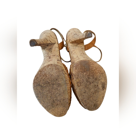 Michael Kors SZ 7 Caramel Woven Leather Cork 4" Heel Closed Toe Ankle Strap Shoe - Picture 7 of 11